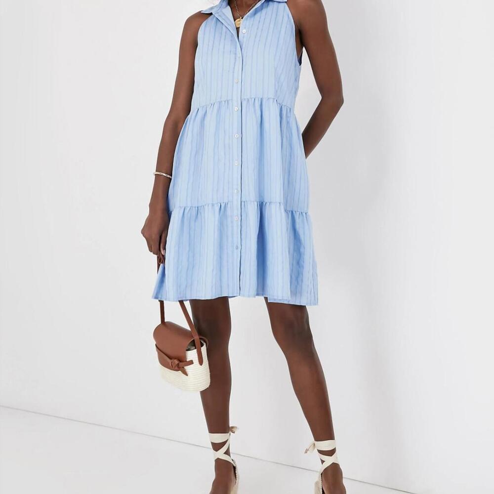 Tuckernuck Sky-Blue Striped Sleeveless Tiered Shirt Dress